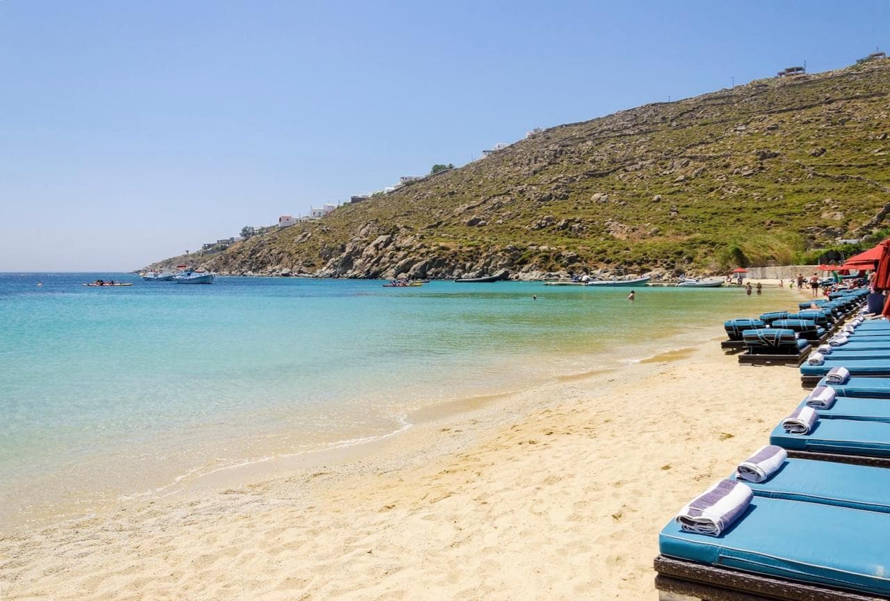 The sheltered bays of Psarou and Ornos on Mykonos