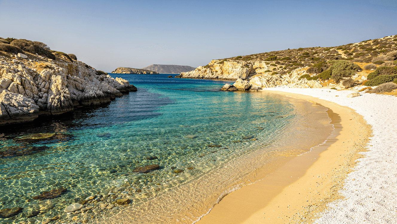 Empty swimming coves on Rinia, Mykonos’ uninhabited twin island