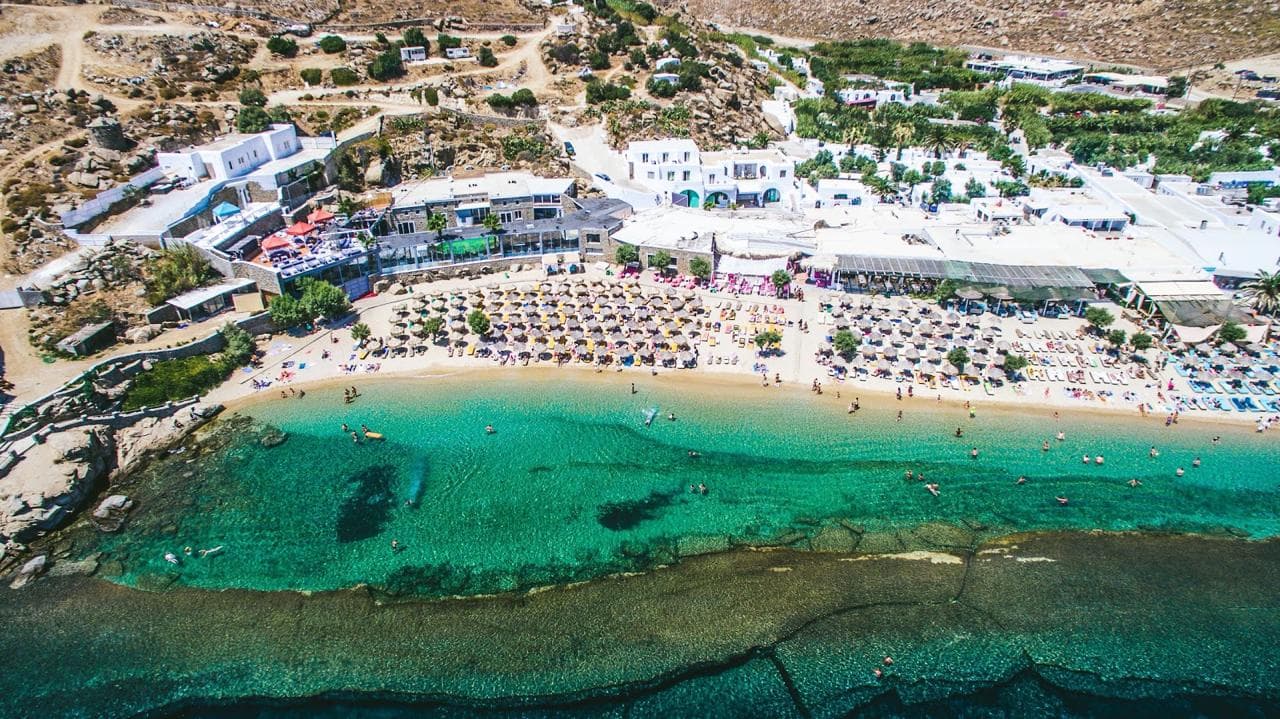 Super Paradise beach bay on the south coast of Mykonos, seen from the water