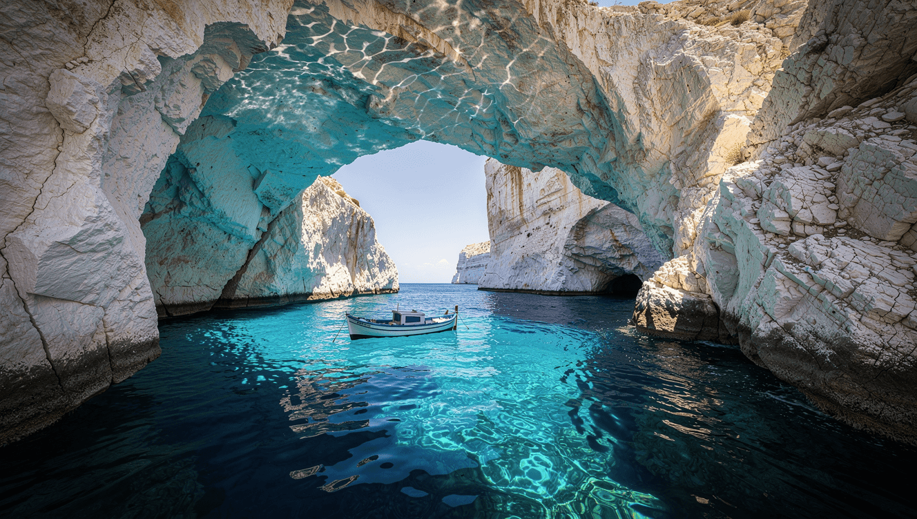 The channel and Blue Caves of Antiparos, off Paros