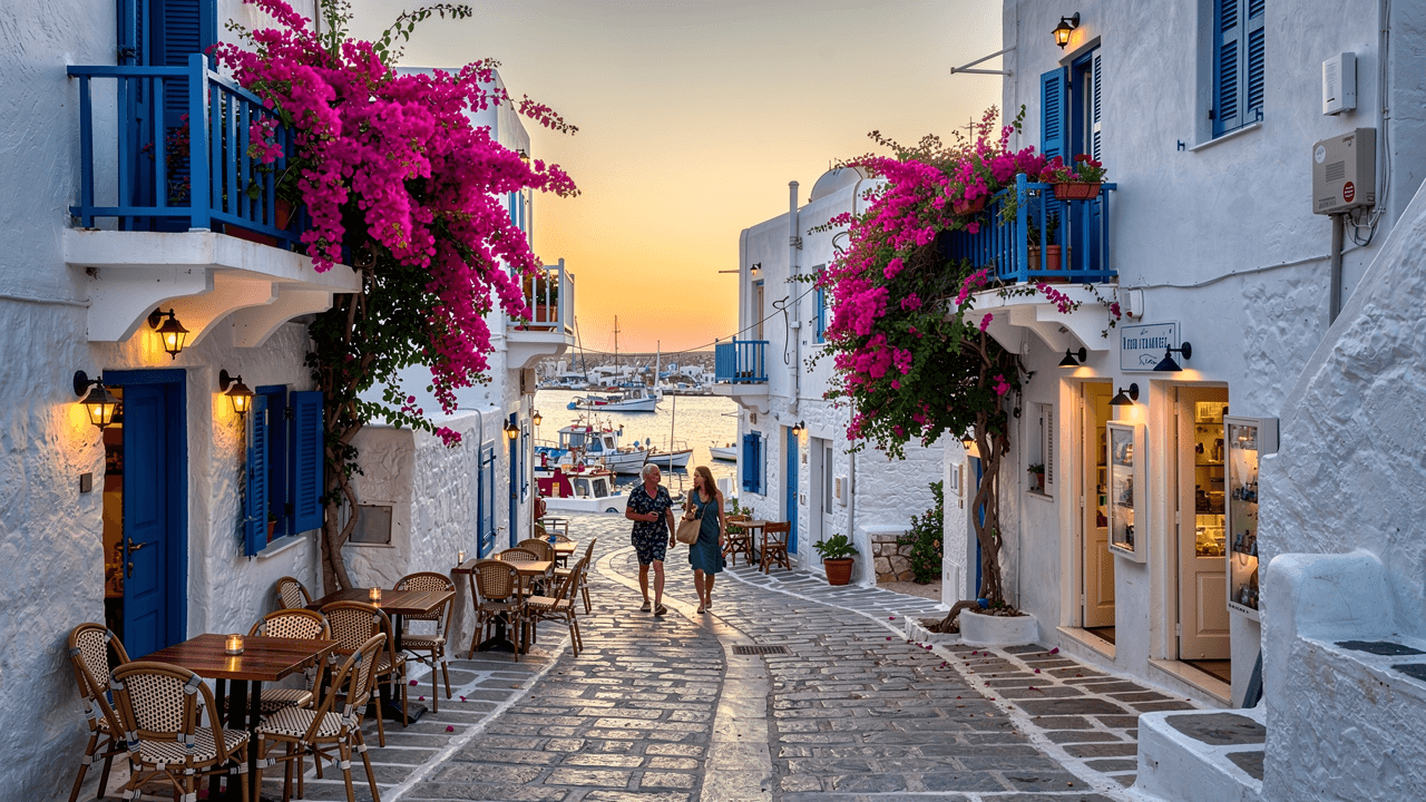 The fishing harbour of Naoussa on Paros at golden hour